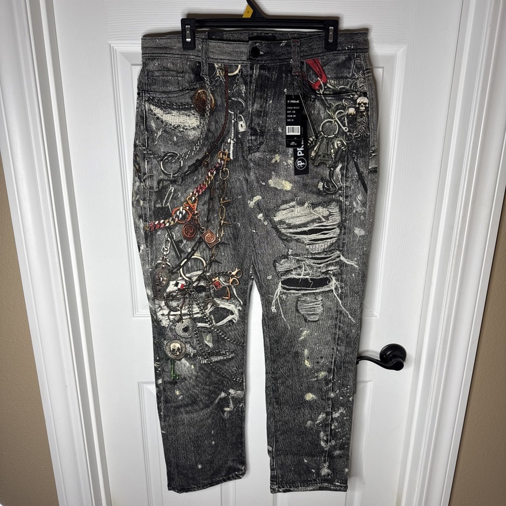 Preme‎ Skull Allover Print Denim Jeans Chains Mens 34x30 Streetwear Hype